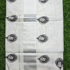 Kuthampully Handloom Silver Tissue Black Mayilpeeli Krishna Printed Set Saree 3 Silver Kara (6.25mtr)