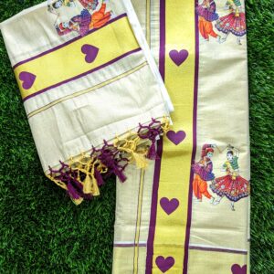 Kuthampully Golden Tissue Handloom Dhandiya Design Print Single Set Mundu 4 Kara