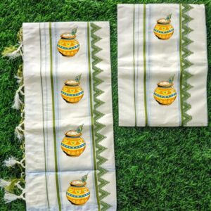 Kuthampully Cotton Handloom Digital Printed Set Mundu 4 Kara