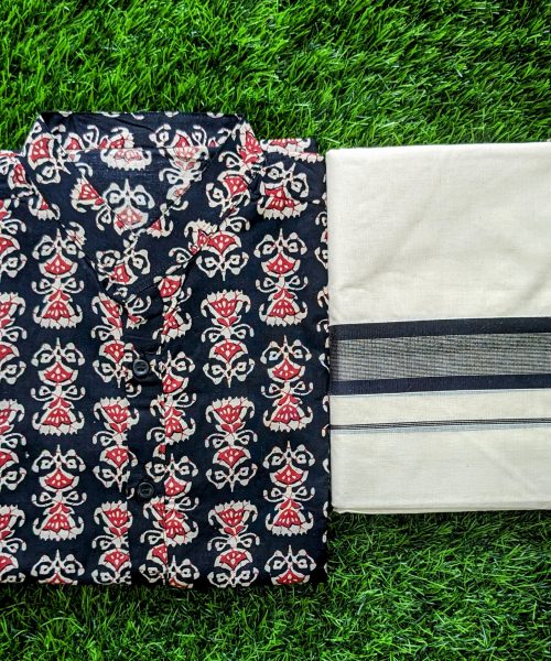 Mens Kurtha - Ajrakh Printed Material Black